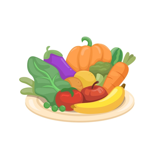 야채와 과일 채식 음식 기호 만화 그림 벡터