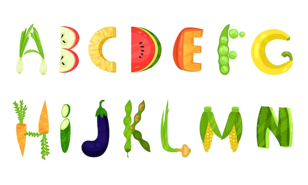 Vector vegetable and fruits vector alphabet letters isolated on white background organic healthy letters collection