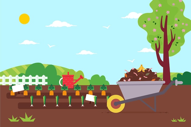 Vegetable garden with pile of compost in the wheelbarrow Vegetable garden background Flat design