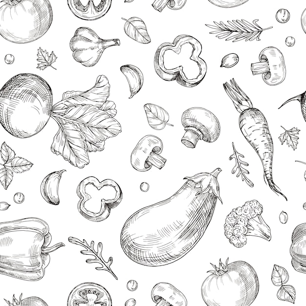 Vegetable hand drawn seamless pattern. fresh vegetarian food, garden vegetables.