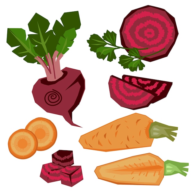 Set di icone vegetali barbabietola e carote pezzi di verdure piatto vettore disegnato a mano