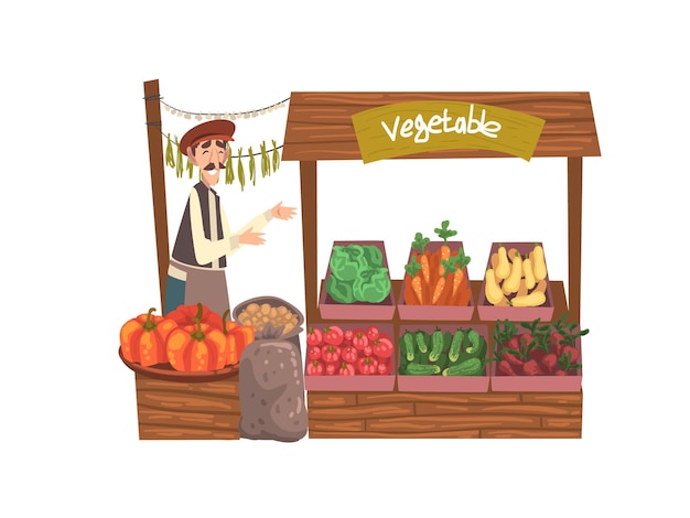 Vector vegetable local farmer market with fresh natural organic products on counter street shop male seller selling fresh vegetables vector illustration on white background