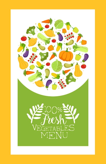 Modello di banner del menu delle verdure con prodotti agricoli freschi modello di illustrazione vettoriale web design