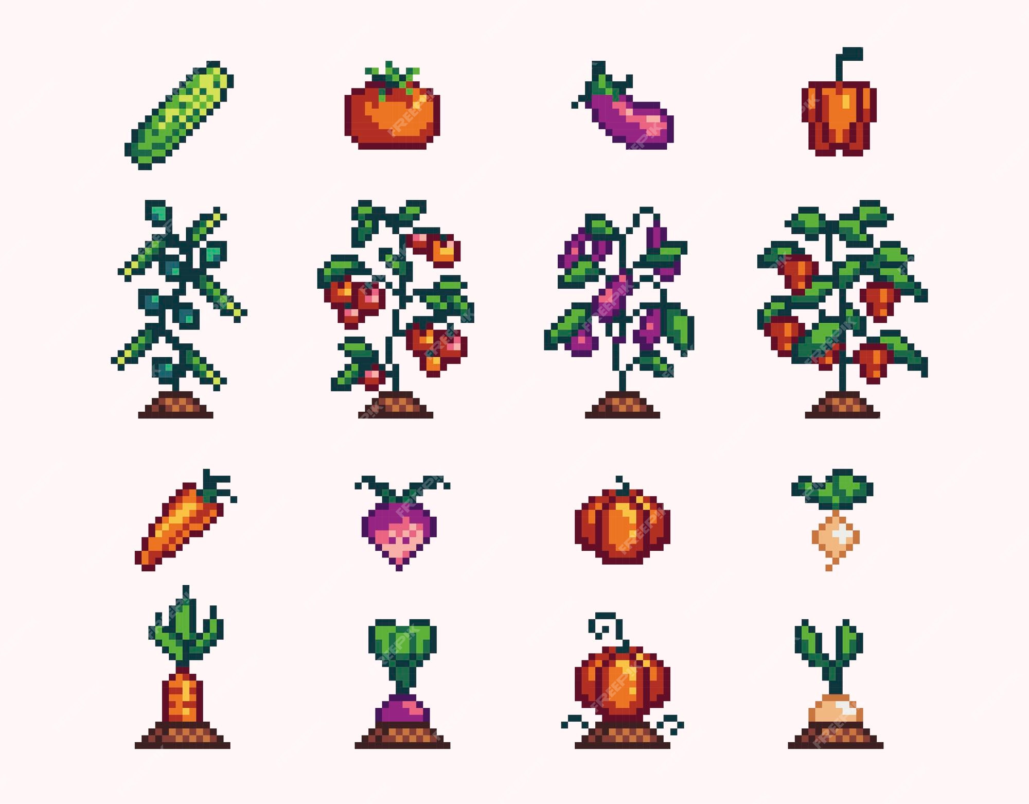 Vegetables and fruits pixel art set. Different garden plants