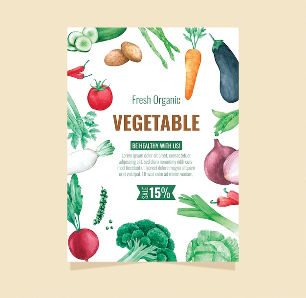 Vector vegetable poster template hand draw watercolour healthy fresh food concept