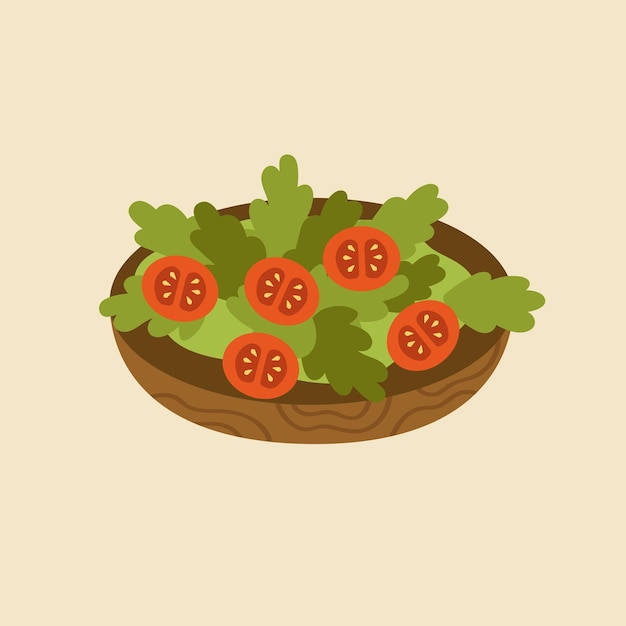 木製の皿に緑のレタスの葉とトマトの野菜サラダ カラーイラスト