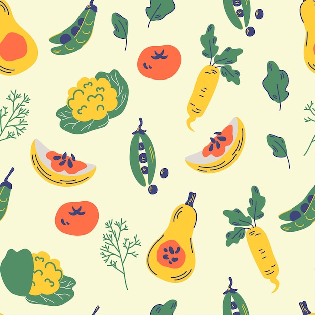 野菜のシームレスなパターン。健康的な栄養漫画のテクスチャ。トマト、大根、キャベツ、ディル、レタス、カボチャ、エンドウ豆。キッチンテキスタイル、ビーガン背景。手描き有機食品ベクトルイラスト。
