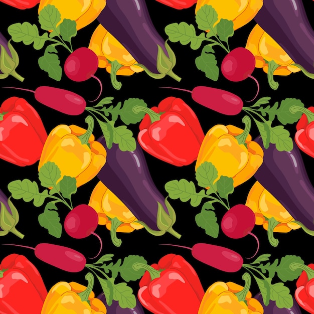 Vegetable seamless pattern Vector products in flat style Eggplan bell pepper radish and celery on a black background Design for wallpaper fabric packaging