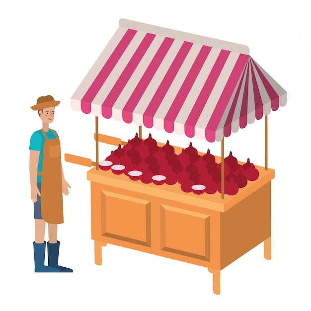 vegetable seller man with kiosk isolated icon