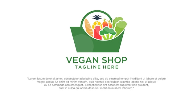 Combinazione di negozio di verdure vegano e design del modello del logo del negozio di borse vettore premium