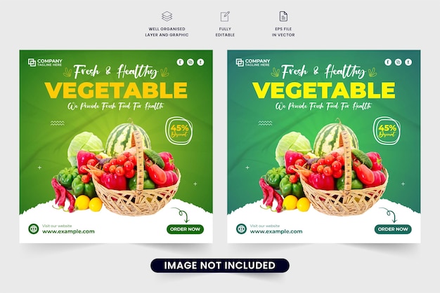 野菜のソーシャル メディア ポスト デザイン マーケティングのための新鮮な野菜のプロモーション web バナー ベクトル緑と黄色の色有機食品ビジネス ポスター テンプレート抽象的な形