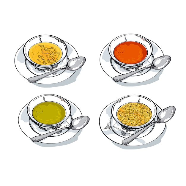 Vegetable soup sketch  illustration. traditional meal bowl assorted