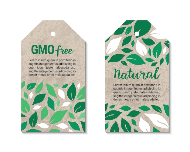 Vegetable tags with salad leaves gmo free natural lettering inscriptions.