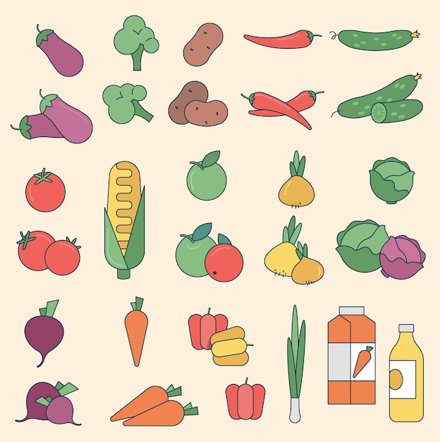 Vegetable thin line color design element set