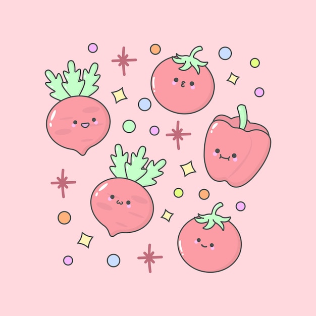 Vegetable tomato beet root bell pepper with cute facial expressions and pastel colour