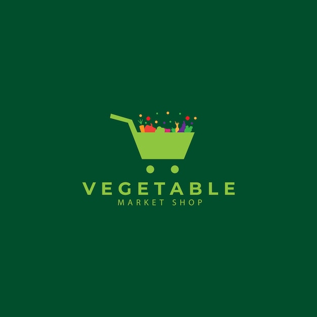유기농 상점 건강 식품 상점 또는 채식주의 카페 일러스트레이션 디자인을 위한 트롤리가 있는 야채 벡터 로고