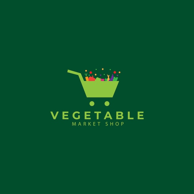 Vegetable vector logo with trolley for organic shop health food shop or vegetarian cafe illustration design