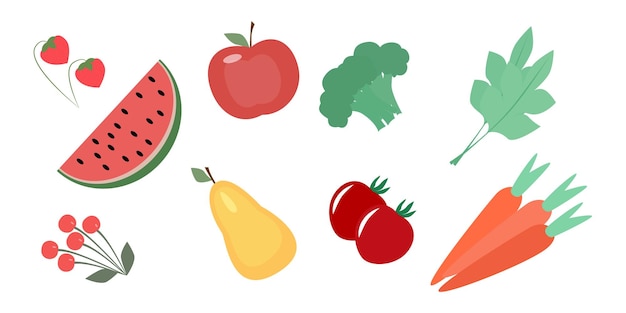 벡터 건강한 식단을 계획하기 위한 야채와 과일 다채로운 평면 벡터 일러스트 비건 음식