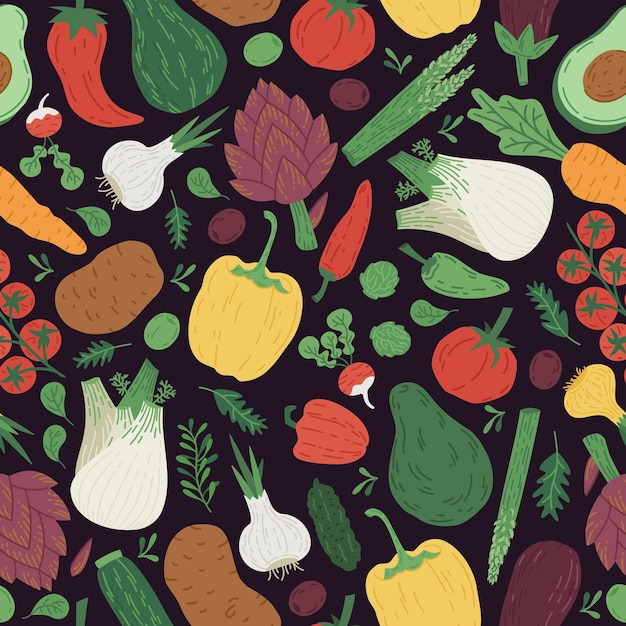 Vegetables background doodle veggies cartoon seamless pattern