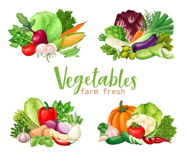 ベクトル 野菜のバナー。農産物のコショウ、タマネギ、セロリ、アスパラガス、アーティチョーク、ニラ、トウモロコシ、ニンニク、キュウリ、キャベツ、ジャガイモの組成、ベジタリアンのベクトル図。