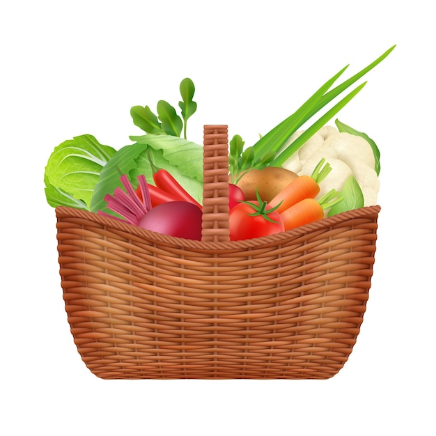 Vegetables basket. Realistic picnic decorative container basket for natural healthy vegetables isolated on white. Picnic basket with fresh vegetable illustration