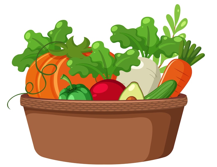 Vector vegetables in a basket on white background