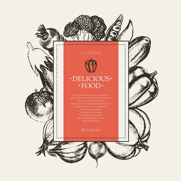 Vettore verdure - bandiera quadrata disegnata a mano di vettore in bianco e nero con copyspace. broccoli realistici, zucca, ravanello, cipolla, pomodoro, melanzana, peperone, cetriolo carota pisello