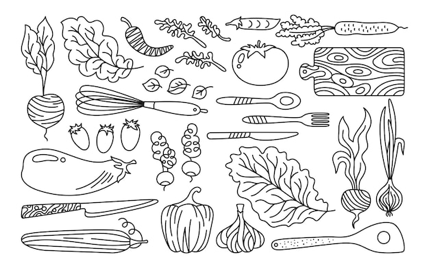 Vettore verdure cartone animato doodle set disegnato a mano dieta sana prodotto agricolo fresco vegetariano linea vettore