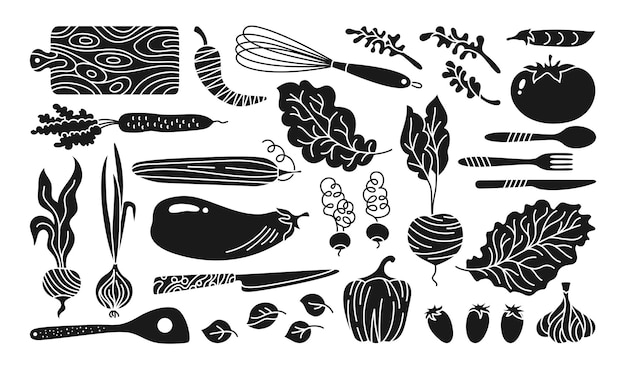 Vector vegetables cartoon engraving set hand drawn healthy diet farm product silhouette vegetarian vector