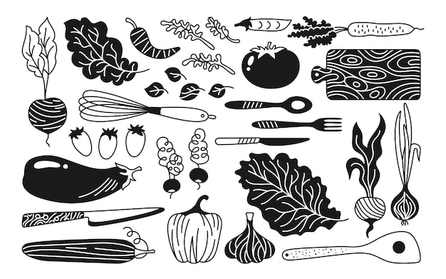 채소 만화 재미있는 세트 손으로 그린 표지 건강한 농산물 글리프 간단한 채식 터
