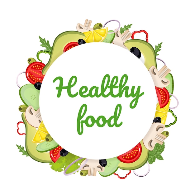 vegetables in a cartoon style vector illustration round lettering template healthy food tomato avocado olive mushroom lemon cucumber pepper lettuce onion for poster advertisement market