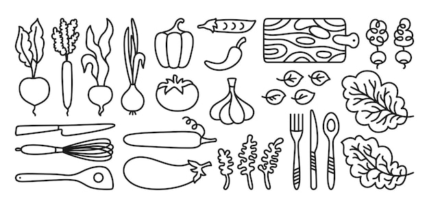 Vector vegetables cartoon symbol set hand drawn sign healthy diet farm product simple vegetarian vector