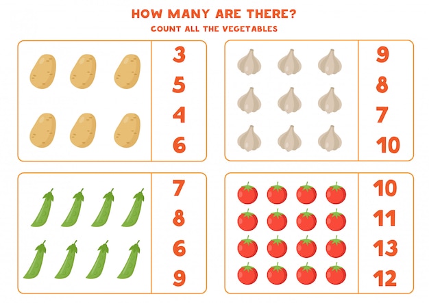 Le verdure contano. gioco di matematica per bambini. foglio di lavoro educativo.