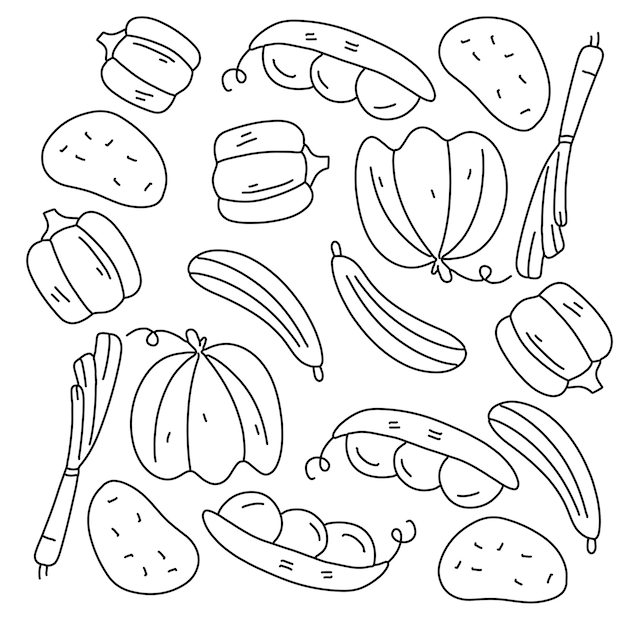 Vegetables doodle line set vector