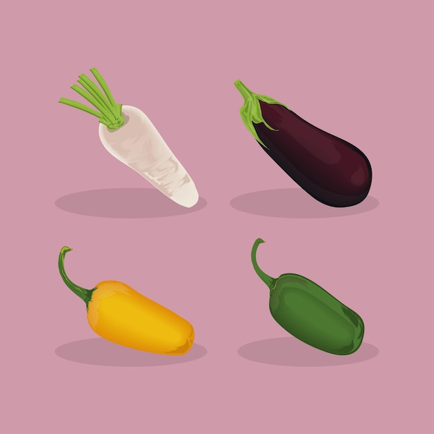 Vegetables eggplant, pepper icons set