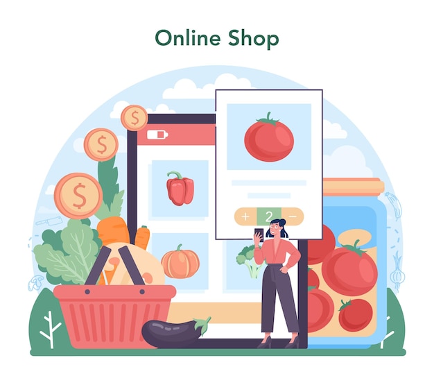 Vegetables farming industry online service or platform. Village groceries cultivation, processing and preservation. Online shop. Flat vector illustration
