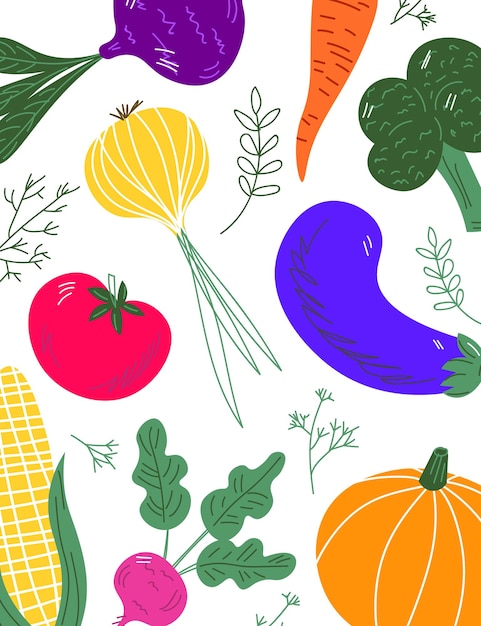 Verdure cibo banner disegnato a mano pasto sano dieta nutrizione o stile di vita ristorante di alimenti biologici e sostegno al concetto di mercato degli agricoltori eps