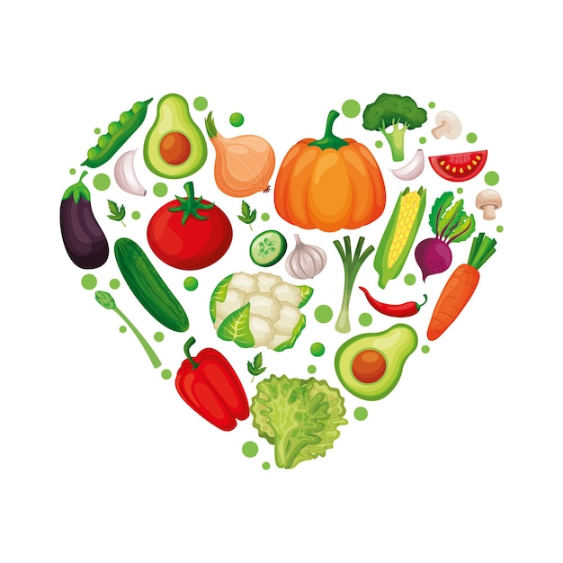 Vegetables forming heart over white background. vector illustration