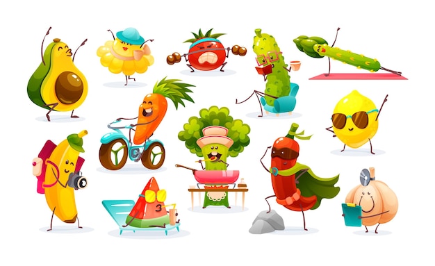 Vector vegetables and fruits go in for sports prepare food ride a bike relax read go hiking