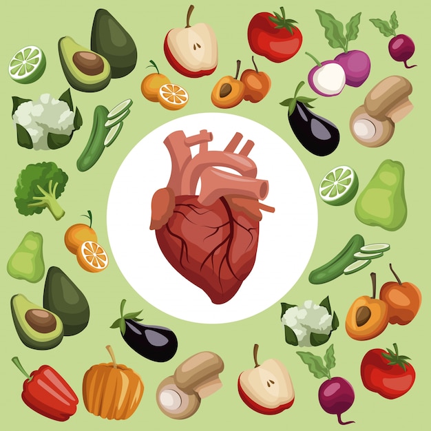 Vector vegetables and fruits healthy food with heart in center