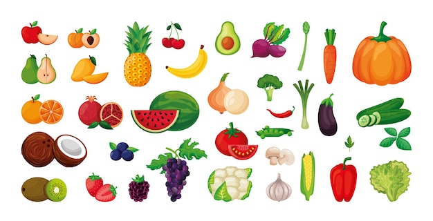 Vector vegetables and fruits set isolated over white background. vector illustration