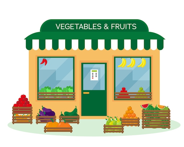 Vector vegetables and fruits shop exterior building