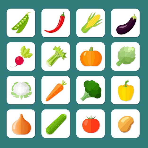 Vector vegetables icon flat set with peas chili pepper corn eggplant isolated vector illustration