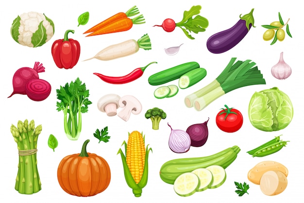 Vegetables icons set in cartoon style.