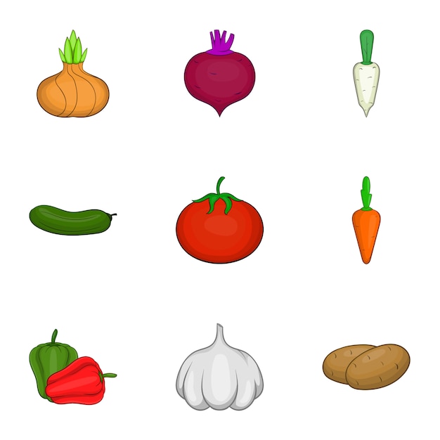 Vegetables icons set, cartoon style