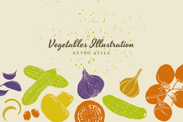 Vegetables illustration background hand drawn retro colors style