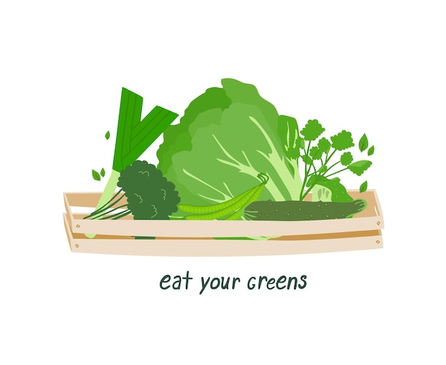 木箱に入った野菜と環境に優しい言葉 eat your greens