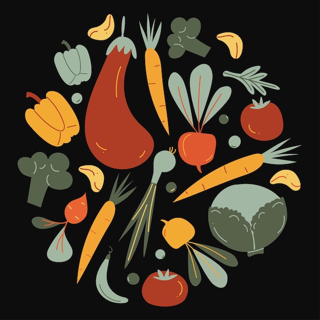 Vegetables, isolated  circle, carrot, eggplant, pepper, leaf, onion, radish, organic grocery