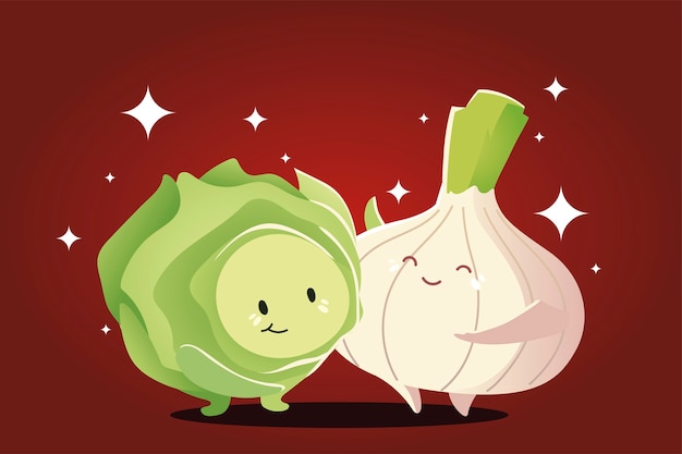 Vegetables kawaii cute cartoon happy onion and cabbage vector illustration