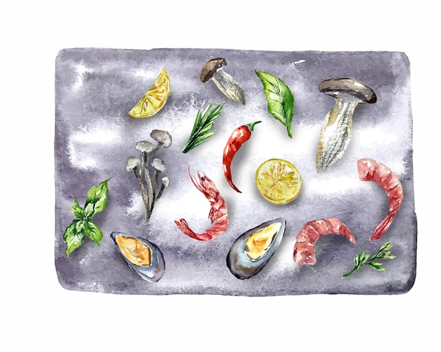 Vegetables lemon chili mushrooms garlic musels shrimps healthy meal asian cuisine food watercolor